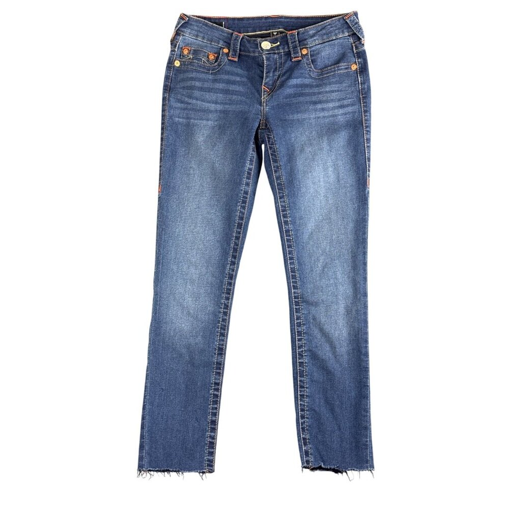 True Religion Stella Low Rise Skinny Jeans 28 Blue Y2K Logo Pocket Raw Hem